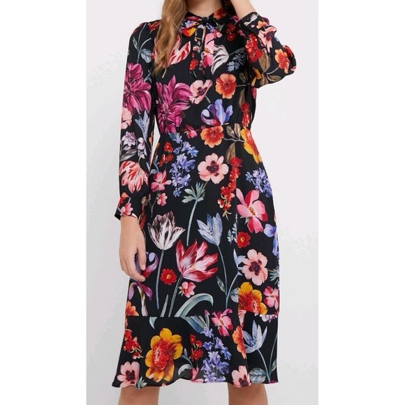 J. Crew Dresses & Skirts - J Crew Womens Dutch Floral Dress 6 Midi Tie-Neck Pink Black Cocktail Preppy